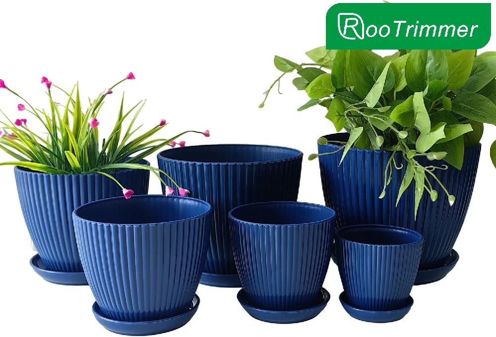 RooTrimmer 7.5/6.5/5.5/4.9/4.2/3.5 inches Plant Planters 6 Pack, Thick Sturdy Plastic Pots for Plants, Indoor/Outdoor 6 Sizes Flower Pots with Drainage Holes and Saucers (6 Sizes,Dark-Blue)