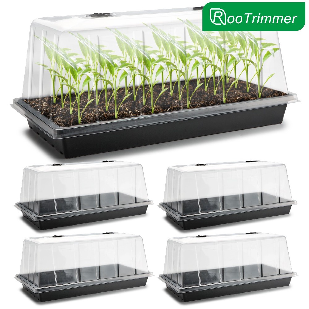 1020 Plant Tray with Taller 7.3'' Dome, 5-Sets Extra Large Seed Starter Trays with Humidity Domes, Heavy Duty 1020 Seed Trays and Flats No Holes, Seed Germination Mini Greenhouse for Balcony Garden