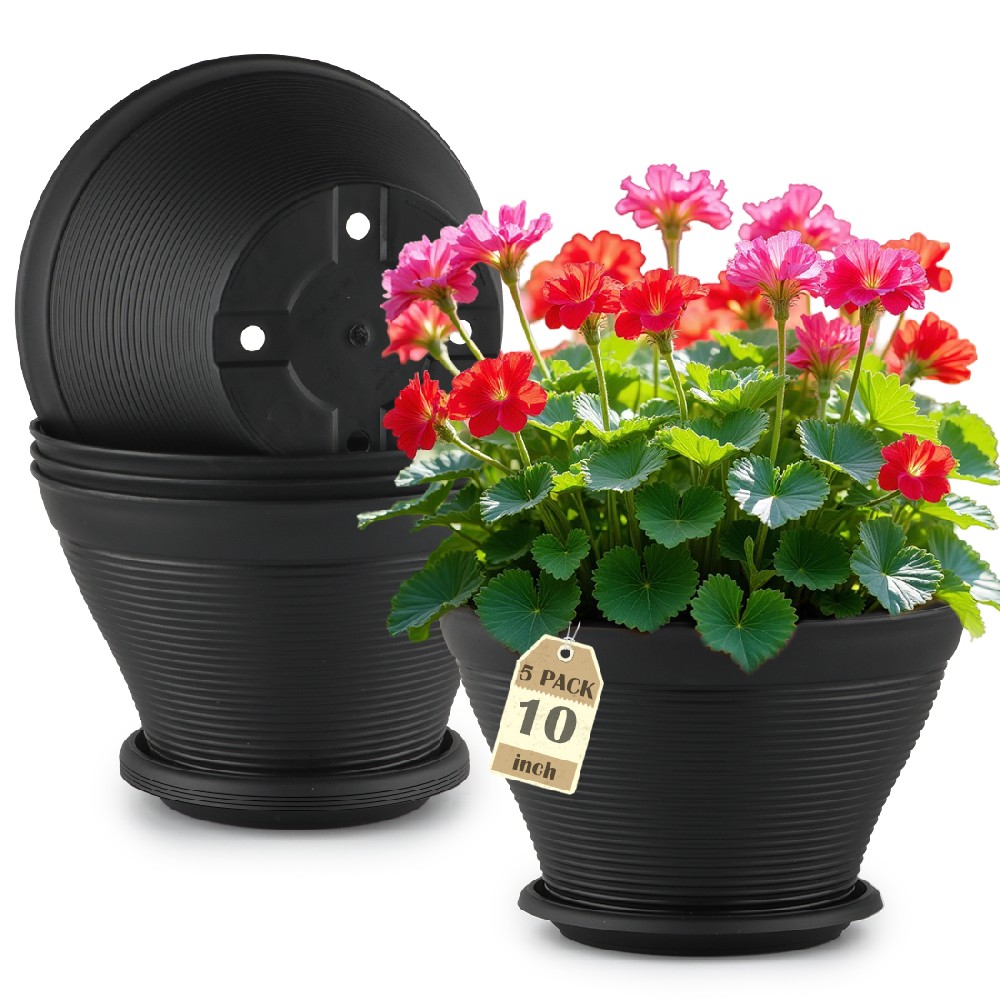5 Pack 10 Inch Plant Pots with Saucers, Plastic Flower Pots with Drainage Holes, Large Planters for Indoor Outdoor Garden, House Plants, Flowers, Herbs, Gardening Gifts, Black