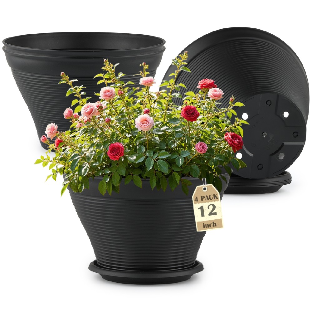 4 Pack 12 Inch Plant Pots with Saucers, Plastic Flower Pots with Drainage Holes, Large Planters for Indoor Outdoor Garden, House Plants, Flowers, Herbs, Gardening Gifts, Black