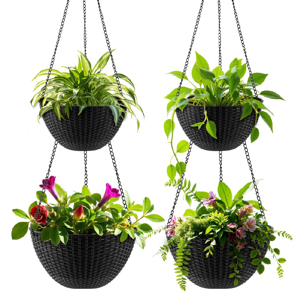 Hanging Planters for Indoor Outdoor Plants 8/10 Inch, ​4 Packs Plant Hanger with Drainage Holes, Hanging Basket Flower Pot Perfect for Home, Office and Garden, Black