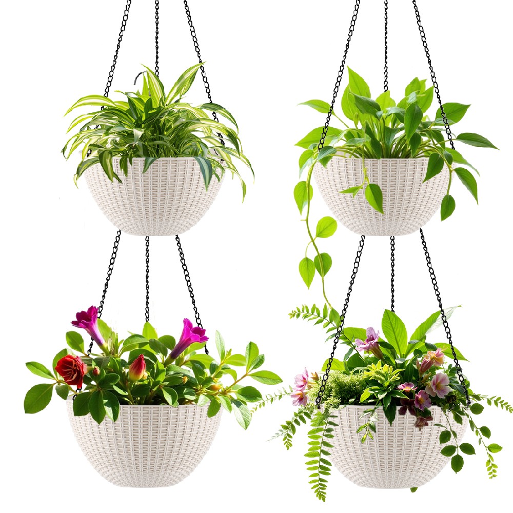 Hanging Planters for Indoor Outdoor Plants 8/10 Inch, ​4 Packs Plant Hanger with Drainage Holes, Hanging Basket Flower Pot Perfect for Home, Office and Garden,White