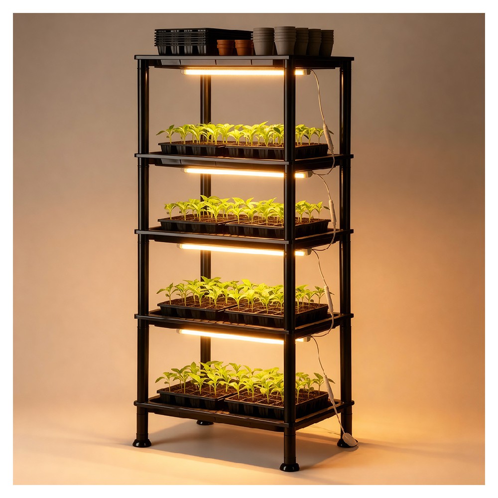 5-Tier Seed Starter Trays Plant Stand with LED Grow Light (Auto-Timer), Bottom Watering Designed for Indoor Greenhouse Plants, Fits Small Pots & Seedling Cell Trays - Black