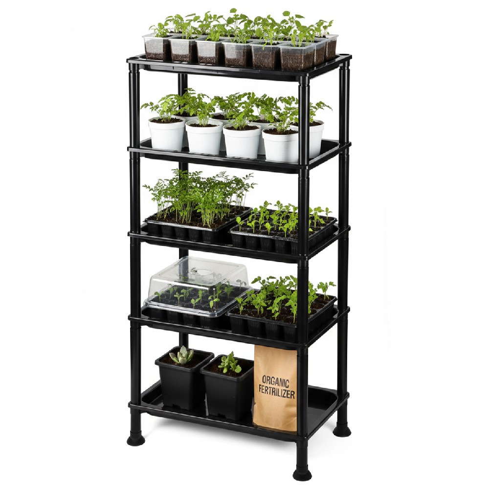 Black 5-Tier Compact Plant Stand with Bottom-Watering Design– Reinforced Thickened Shelf for Small Pots, Balcony/Indoor Seed Starting & Greenhouse
