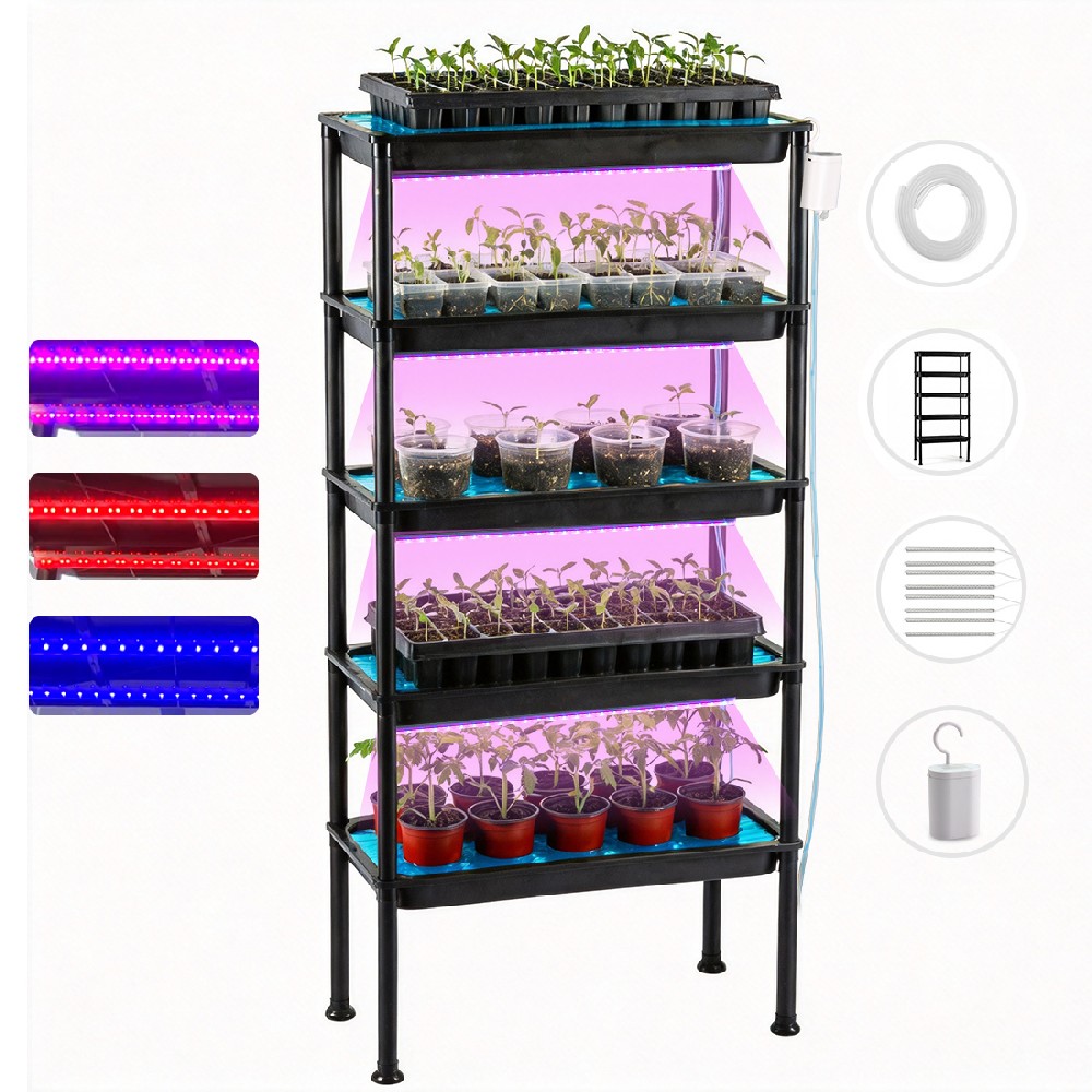 5-Tier Seed Starter Tray Plant Stand & RB Grow Light - Ebb and Flow Tidal Seedbeds, Automatic Circulation Watering Rack for Indoor/Greenhouse, Designed for Nursery Cell Trays, Plant Pots​